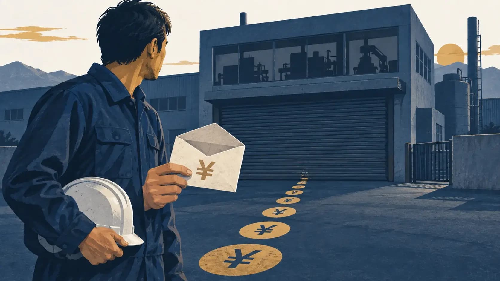 閉鎖された工場の前で、給料の未払いを表す空の封筒を持つ労働者のイラスト